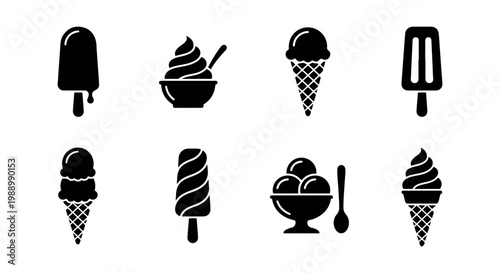 Ice cream icon set, black frozen dessert silhouettes, 8 summer food vector elements