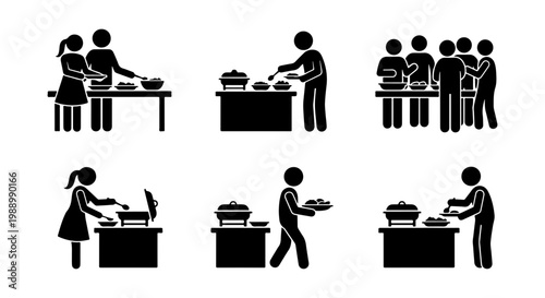Buffet catering icon set, people eating at food station, dinner party vector silhouettes