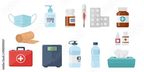 Medical supplies and equipment collection on black background