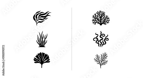 Black seaweed icons set, marine coral silhouettes, underwater plant vector collection