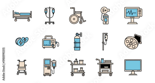 Medical equipment icons set on black background