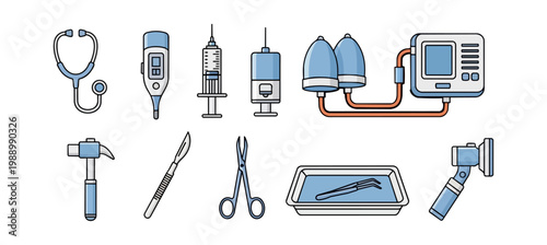 Medical tools and equipment illustrations against black background