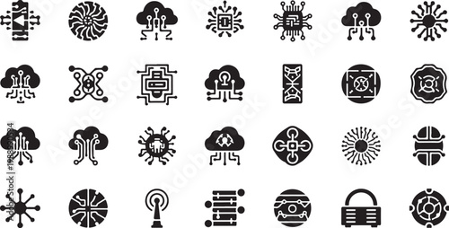 Collection of various black and white geometric icons
