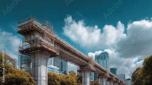 Construction of Urban Elevated Bridge with Scaffolding Under a Blue Sky Surrounded by Modern Buildings and Greenery in a Cityscape Setting