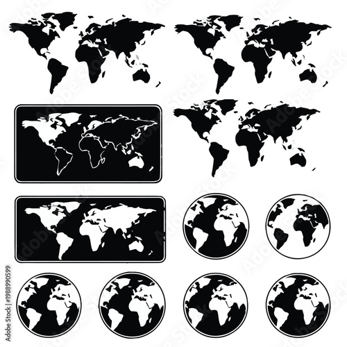 Multiple black and white world map and globe illustrations