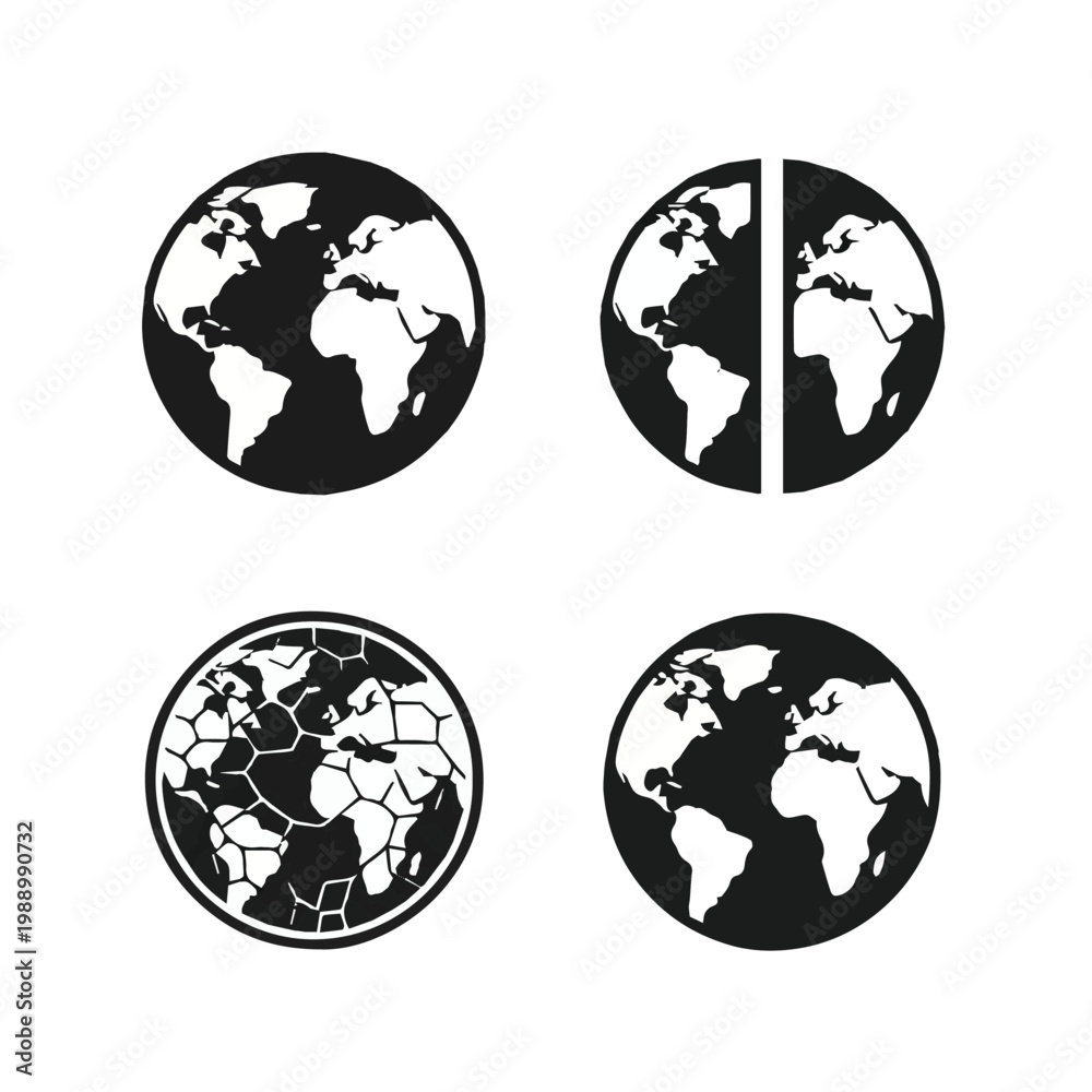 Obraz premium Four different views of the world globe in black and white