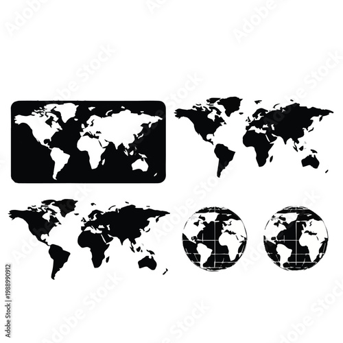 Multiple black and white world map illustrations in different projections and formats