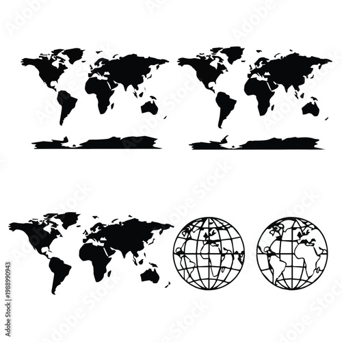 World map and globe illustrations in black and white