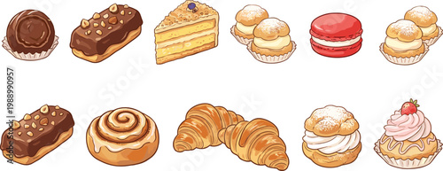Assorted Pastries and Desserts Icon Set for Bakery, Sweets, and Digital Media Designs