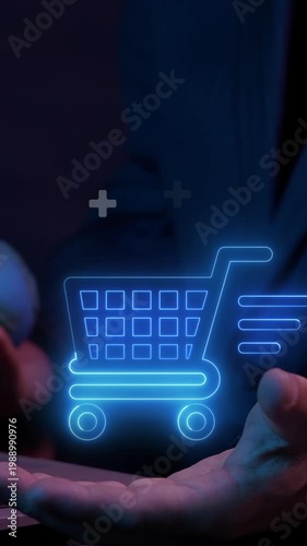 E-commerce, marketing, profit, investment, growth business, economy, finance and success concept. Businessman working with laptop to show animation of shopping cart icon with plus signs.