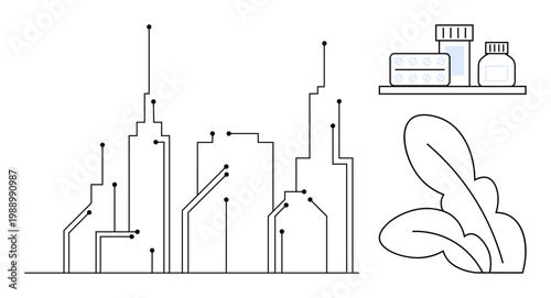Smart cities, digital healthcare, sustainability, technology integration, urban innovation, pharmaceutical development. Stylized circuit-inspired skyscrapers with medicine shelves and leaves. Smart