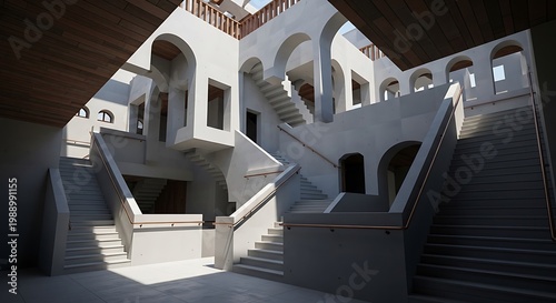 Modern architectural structure featuring complex staircases, concrete arches, geometric levels and minimalist design elements within a contemporary white stone building