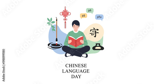 A focused student sits cross-legged against a clean white backdrop, engrossed in a book, with a calligraphy brush and knot decoration adding cultural context to Mandarin language learning