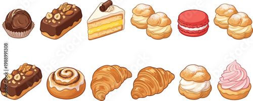 Assorted Pastries, Cakes, and Sweets Icon Set for Bakery, Dessert, and Digital Media Designs
