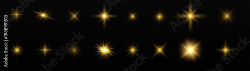 A collection of vibrant golden starbursts shining brightly against a dark background