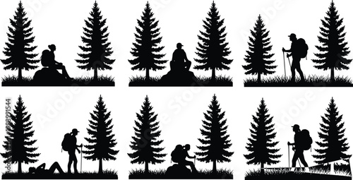 Collection of hiker silhouettes trekking, mountain climbers resting under pine trees, outdoor adventure, camping, hiking, and nature exploration for graphic design
