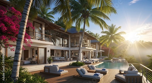 An exquisite luxury tropical villa with expansive glass walls, a shimmering infinity pool, and comfortable lounge chairs at sunrise.