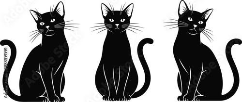 Collection of Three Black Cat Silhouettes Sitting in Diverse Poses with Long Whiskers and Elegant Tails Isolated on White Background