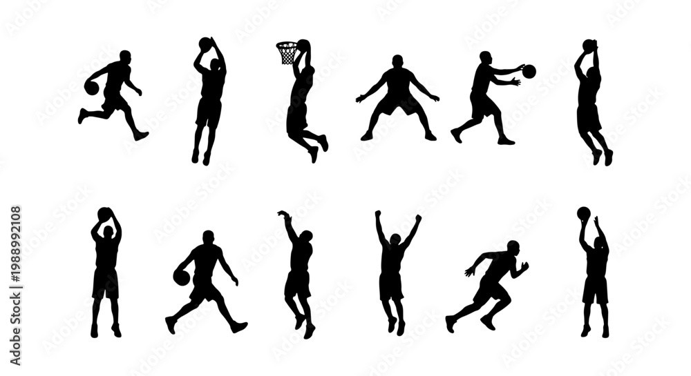Fototapeta premium Basketball player silhouettes set, 12 athlete icons, sports action vector graphics