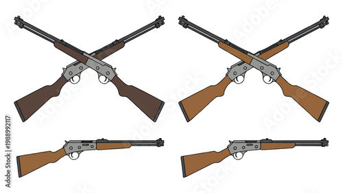 Four guns are arranged in a digital illustration with two crossed rifles on top and two revolvers below
