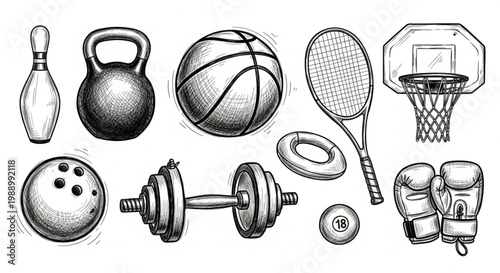 A comprehensive hand-drawn sketch collection of diverse sports and fitness equipment, featuring vintage-style items for recreational and athletic pursuits