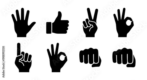Black hand gestures icon set, 8 human hand silhouettes, finger signs vector collection