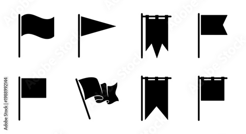Black flag icon set, 8 minimalist pennant silhouettes, waving banner vector collection