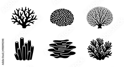 Coral reef silhouette icons, 6 underwater sea plant vectors, black marine life set