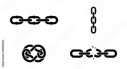 Black metal chain icons, broken link vector set, strong steel connection symbols