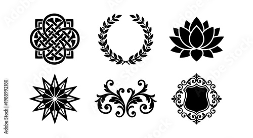Vintage ornamental icons set, black heraldic symbols, 6 decorative vector elements
