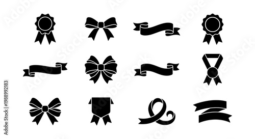 Black ribbon icons set, 12 award medal silhouettes, decorative bow vector elements