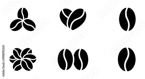 Minimalist coffee bean icons, black vector seed symbols, 6 organic cafe logo elements