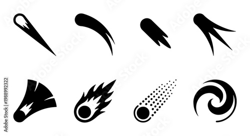 Black comet icons set, falling meteor silhouettes, 8 space asteroid vector elements