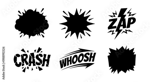 Comic sound effects set, black speech bubbles, zap crash whoosh onomatopoeia vectors