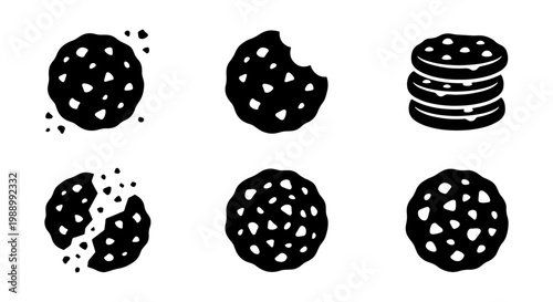 Chocolate chip cookie icons, black biscuit vector set, sweet snack food symbols