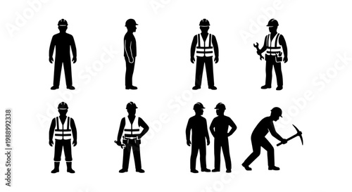 Construction worker silhouettes, 8 industrial builder icons, manual labor vector set