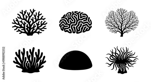 Black coral icons set, underwater sea life silhouettes, 6 marine reef vector elements