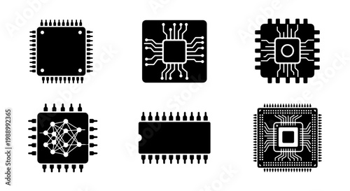 Computer chip icon set, 6 black microchip vector elements, electronic processor symbols