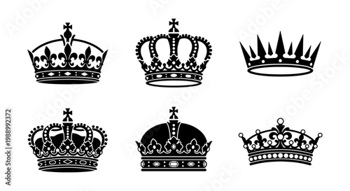 Vintage royal crown silhouettes, 6 heraldic king icons, black imperial tiara vector set