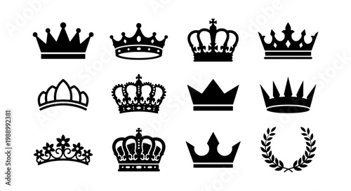 Royal crown silhouettes, 12 heraldic king and queen icons, black tiara vector set
