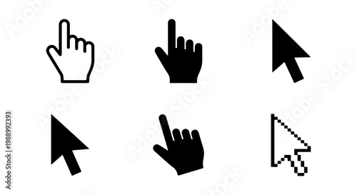 Computer mouse cursor icons, black arrow and hand pointers, 6 digital vector elements