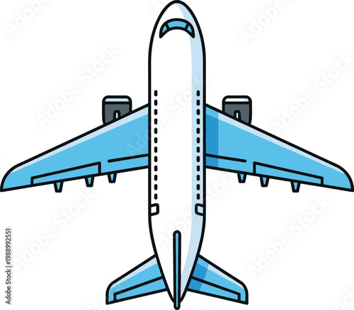 Commercial airplane illustration, passenger aircraft, aviation design, blue wings, cockpit windows, jet engines, transportation concept, flight travel, airline industry artwork