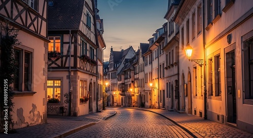 Historic half-timbered architecture lines a quiet cobblestone street featuring illuminated vintage lanterns in a classic traditional European village town center