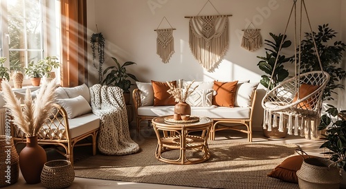 Beige rattan sofas are adorned with textured terracotta cushions and a thick knit throw blanket in a light airy space.
