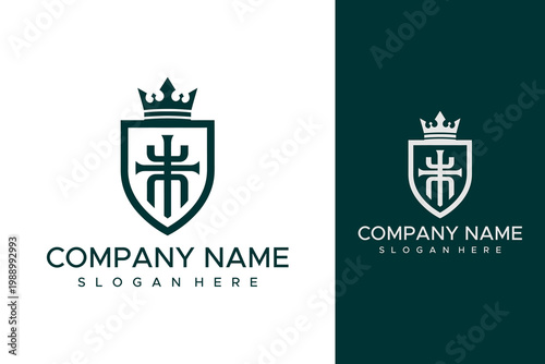 A logo design event features a shield with a crown and cross symbol on a white and dark green background with company name and slogan.