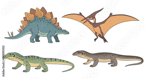 Collection of prehistoric animals including dinosaurs and a flying reptile.