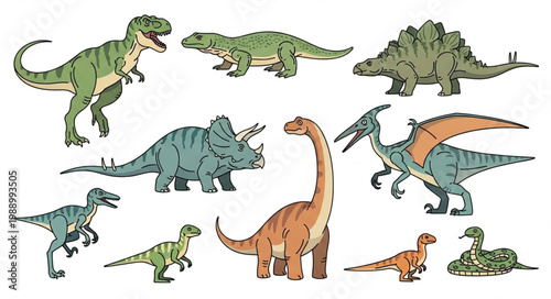Collection of various dinosaur illustrations on a white background.