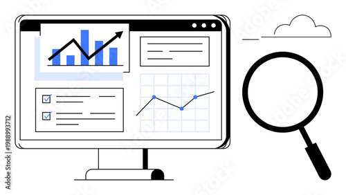 Data analysis concept. Data analysis through bar graphs, line charts, and other elements on a computer screen. Data analysis for monitoring, statistics, business, and reports