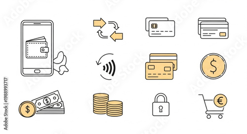 Financial transaction icons for digital payments and mobile wallets.