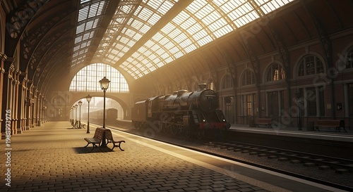 A black vintage steam locomotive rests on the tracks while waiting for passengers at the grand and historic rail terminal
